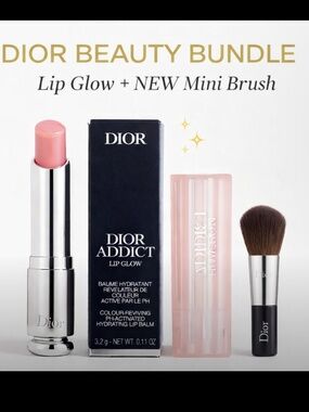 Dior Addict Lip Glow + NEW Dior  mini Makeup Brush Bundle Full Size w/ Box